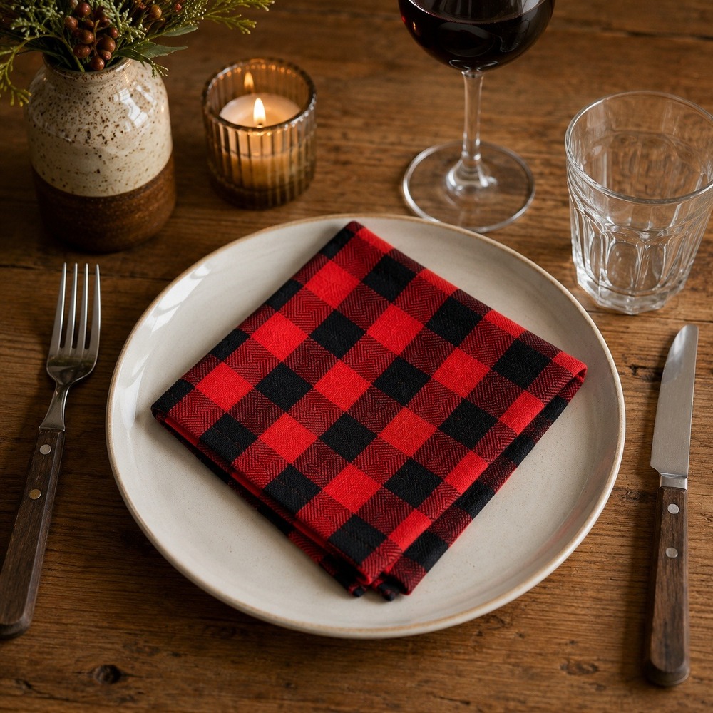 Red Black Buffalo Plaid Cotton Dinner Napkins Set of‎ 2  Checkered 23 x 15